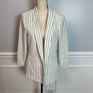 H&M Women’s White Blazer Suit Coat Black Pinstripes Sz 12 Open Front 3/4 Sleeves